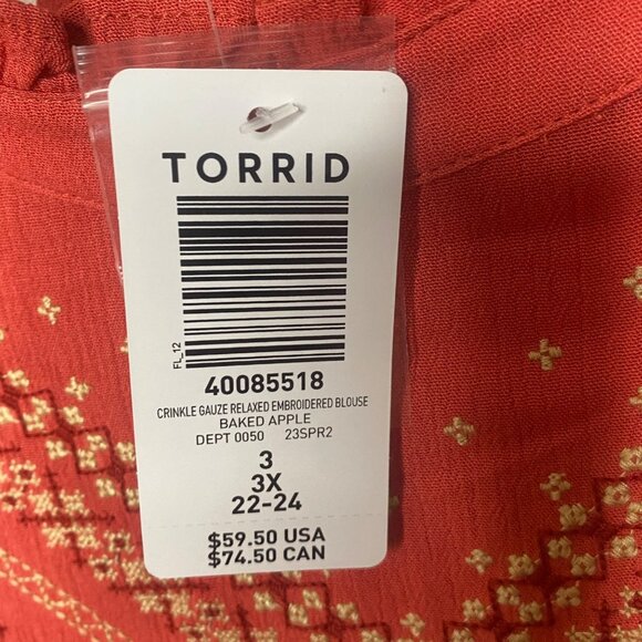 NWT $59 Torrid Tunic Top Womens Size 3X Baked Apple Crinkle Gauze Relaxed Embroi - Picture 3 of 12